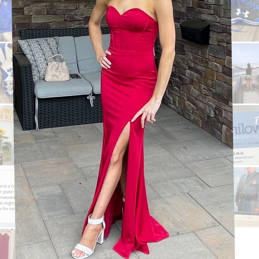 Faviana strapless red prom dress with slit